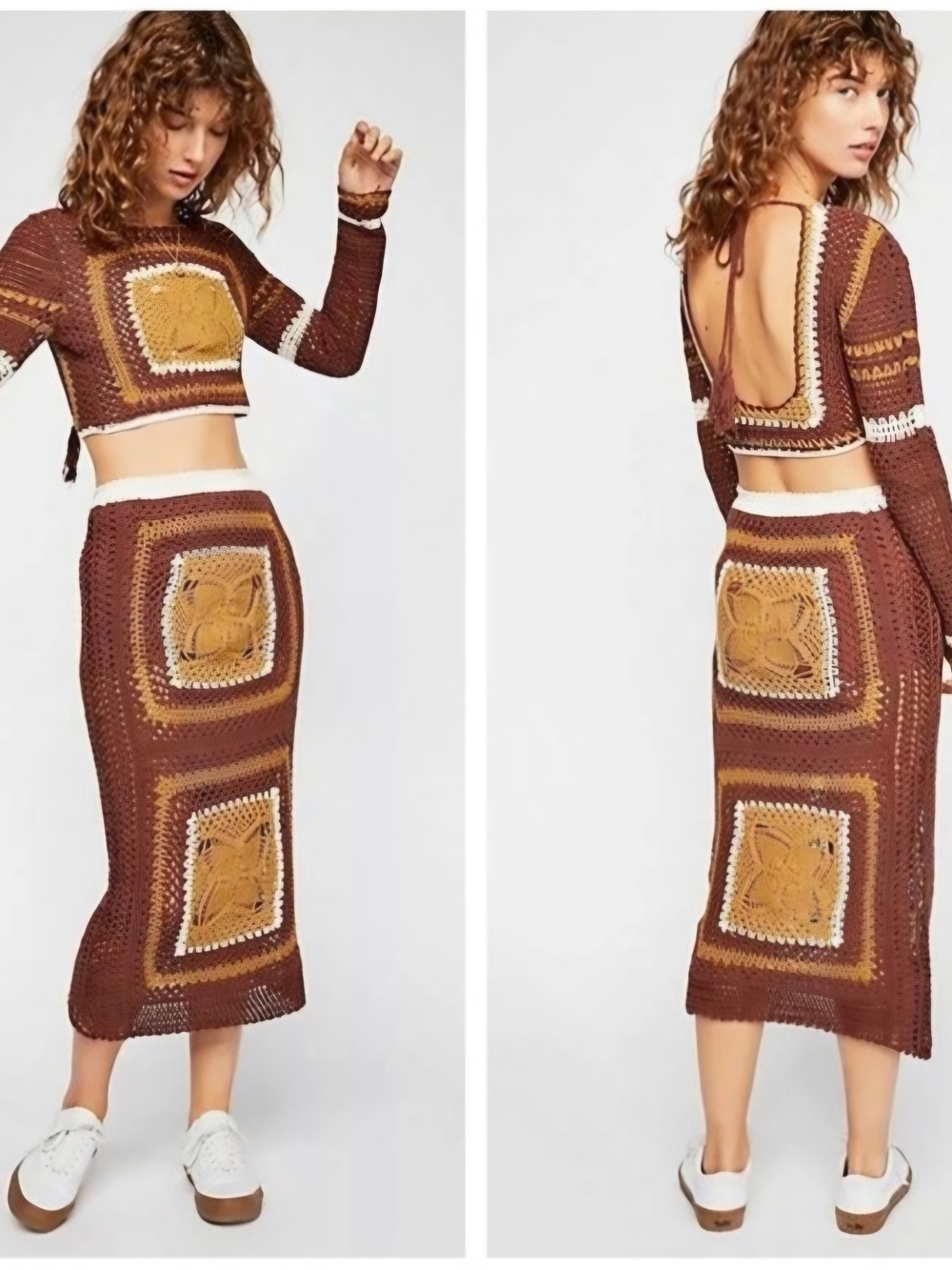 Free People Brown & Mustard Crochet Midi Skirt